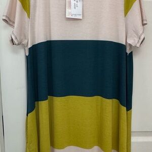 LuLaRoe Jessie Striped Dress in Olive, Teal, and Beige